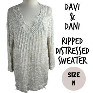 Davi & Dani y2k distressed frayed ripped v neck sweater cream oatmeal
